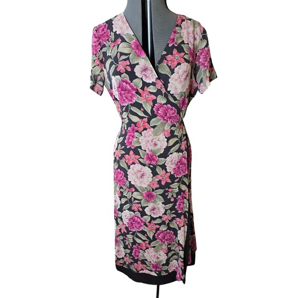 VTG 90s Silk Floral Midi Wrap Dress Cottage Feminine Grunge Layered - Picture 1 of 5